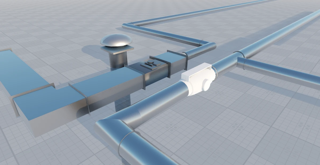 Model 3D instalacji wentylacyjnej przygotowany w środowisku ArCADia BIM - grafika z angielskiej wersji artykułu.